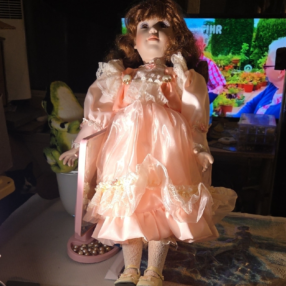 AVAILABLE- Vintage "Tory" Porcelain Doll in Pink Dress. 22" TALL
